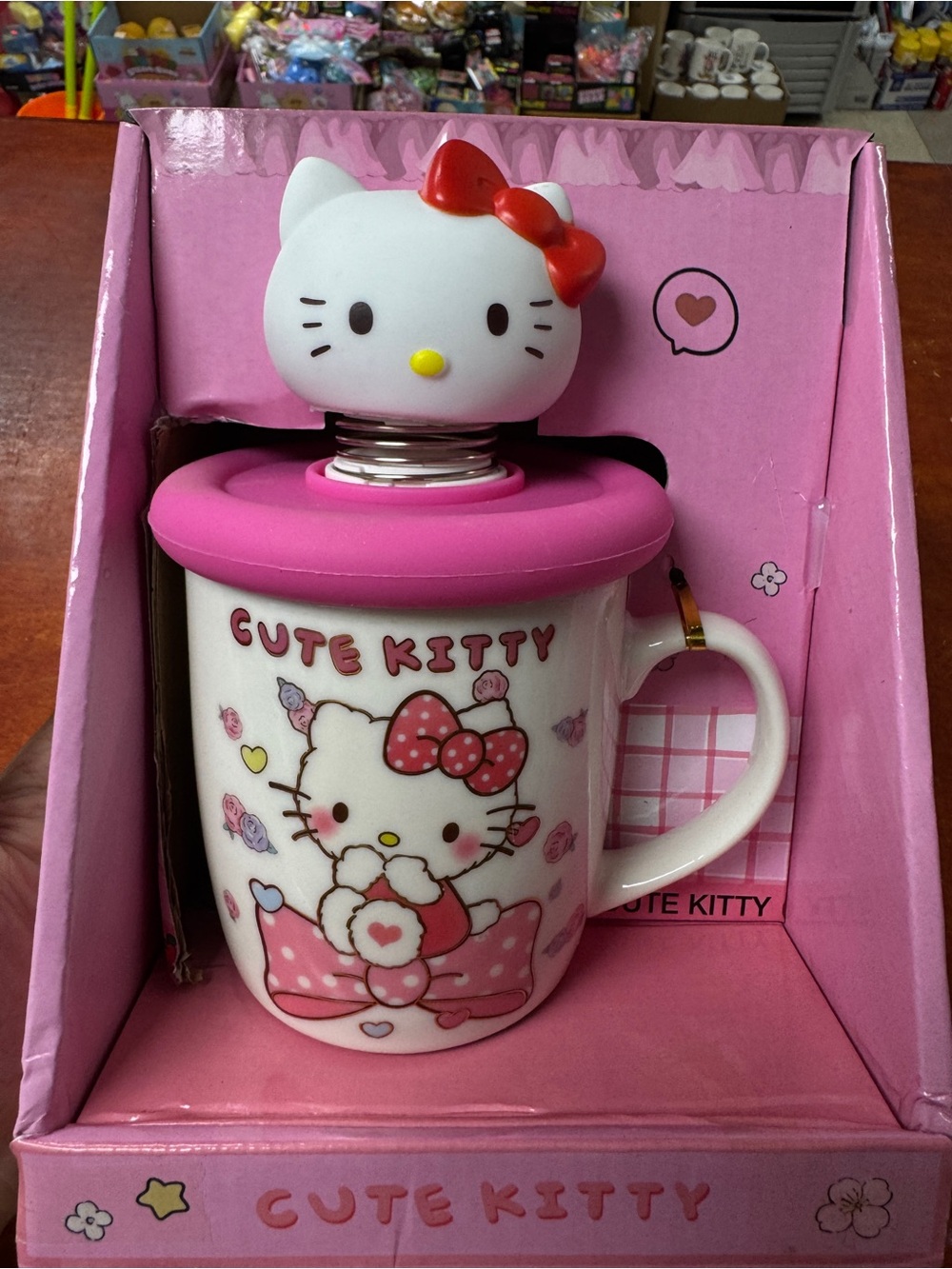 Hello Kitty Ceramic Mug with Wobble Head Lid | Cute Pink Coffee Cup